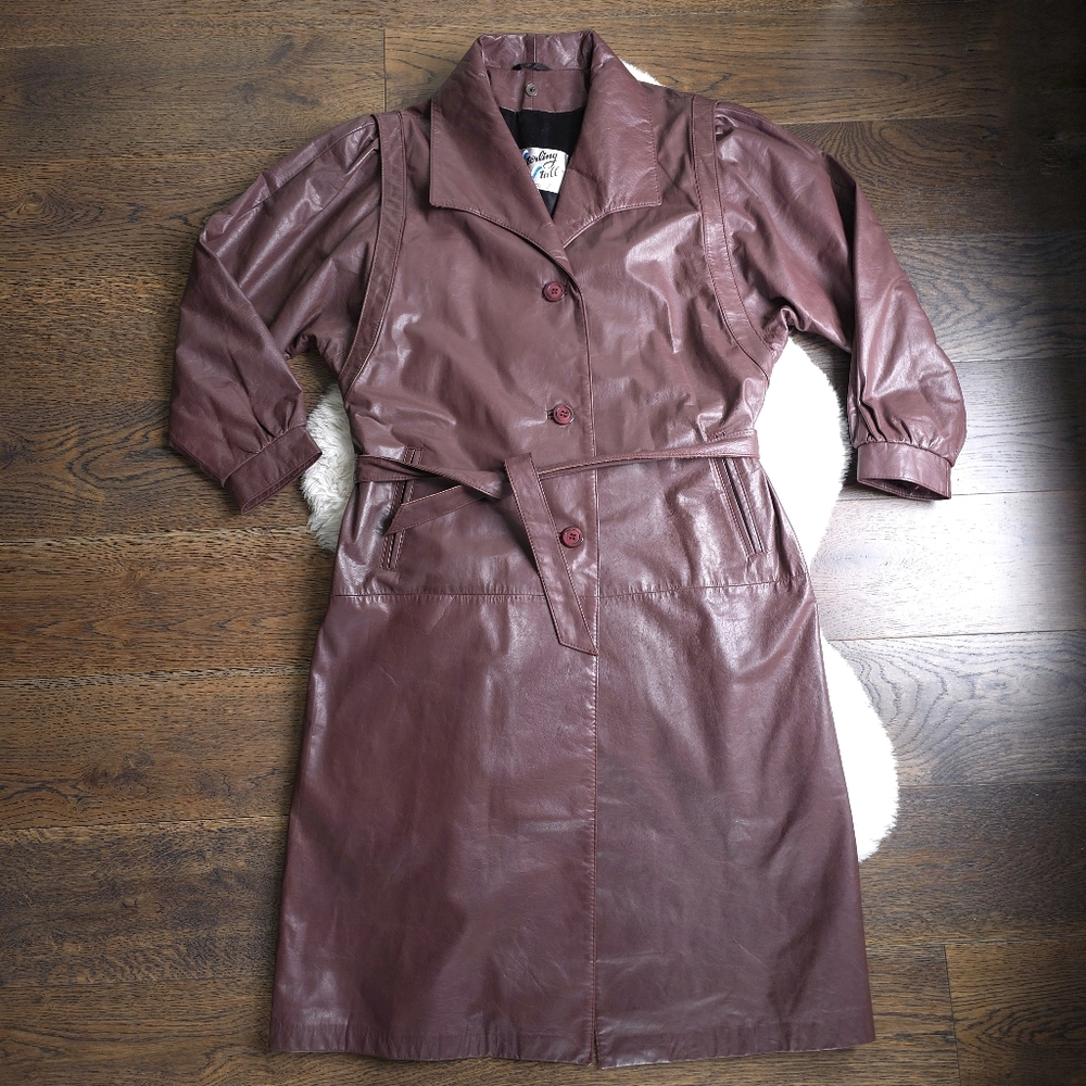 Vintage 90s 80s Pirate Sterling Stall Brick Red Leather Long Trench Coat